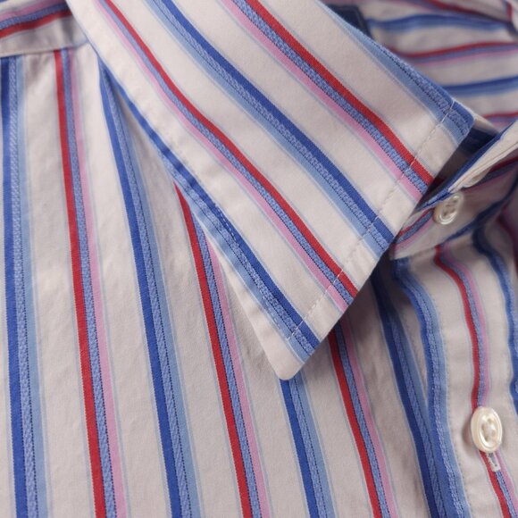 Faconnable Blue Red Pink XL Cotton Club Striped Point French Button Up Pocket - Picture 9 of 16